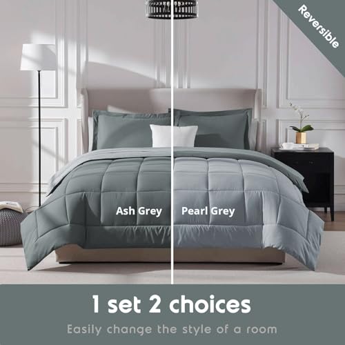 Image of FURBO Microfiber Reversible Comforter Set | Soft 200 GSM Lightweight All Season Quilt Blanket for Double Bed | Ash Grey & Pearl Grey (Without Pillow Covers)