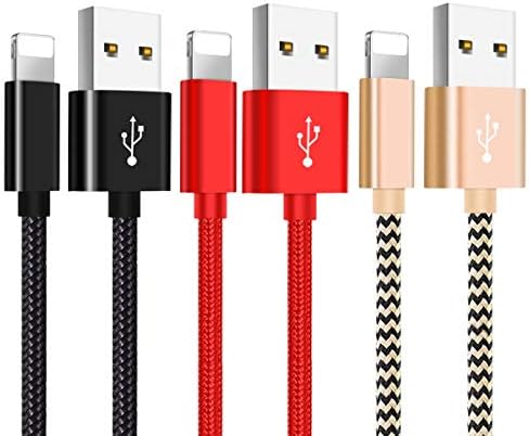 Cable Compatible Phone, Charger Cable 3Pack 6FT 5FT, Long Nylon Braided Charging Cable Compatible Phone, Charger Cord Compatible Phone X 8 7 SE 6S 6 5C 5S Plus Pad Mini Air Pro Black Red Gold