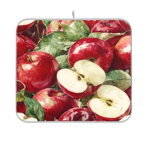 Leaves Red Apples Dish Drying Mat 16 X 18 Inch Natural Fresh Fruits Dry Dishes Pads Tableware Mats Absorbent Microfiber Protector for Kitchen Countertops Counter Home Decorations
