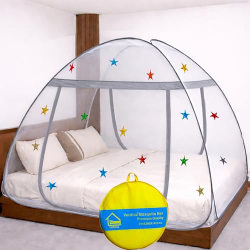 Image of VERDIOZ Mosquito Net for Double Bed King Size with Multicolor 4cm Glittery Star Design | Strong 28 GSM White Net | Steel Wire | 2 Doors Foldable Machardani - (Grey Zipper and Stars)