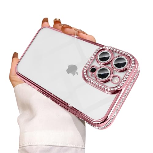 Coque iPhone 16 Pro Max rigide transparente strass roses de qualité supérieure