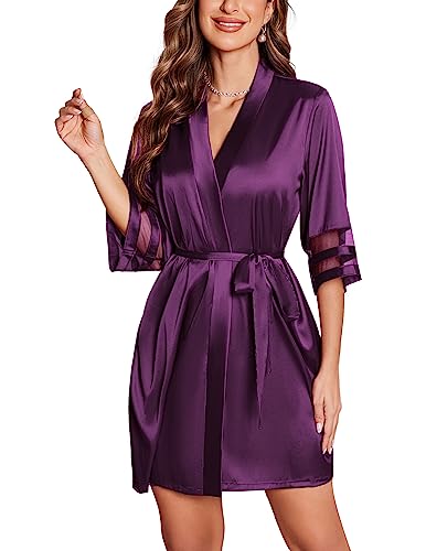 Image of Ekouaer Women's Satin Robe Silk Kimono Bathrobe Bridesmaid Wedding Bridal Party Robes 3 /4 Bell Sleeve Sleepwear S-XXL