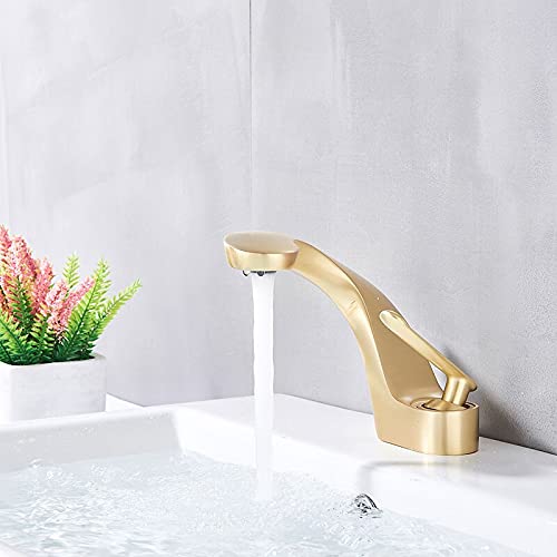 Robinet de lavabo doré brossé anti-traces mitigeur laiton sur pont