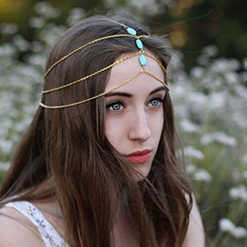 Fdesigner Boho Turquoise Head Chain Fashion Headdress Bride Head Piece Hair Jewelry for Women and Girls(Gold)