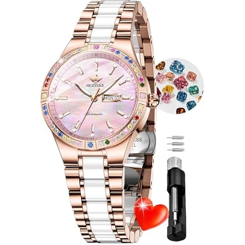 OUPINKE Women Automatic Watches Colorful Diamond Elegant Luxury Dress Ladies Rose Gold Mechanical Sapphire Crystal Wrist Watch Cover