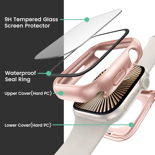 Image of 3 in 1 Goton Waterproof Hard Case for Apple Watch Screen Protector 42mm, 360 Slim Full Protective Tempered Glass Face Cover + Back Hard PC Bumper for iWatch Series 11 /10, 42mm Rose Gold