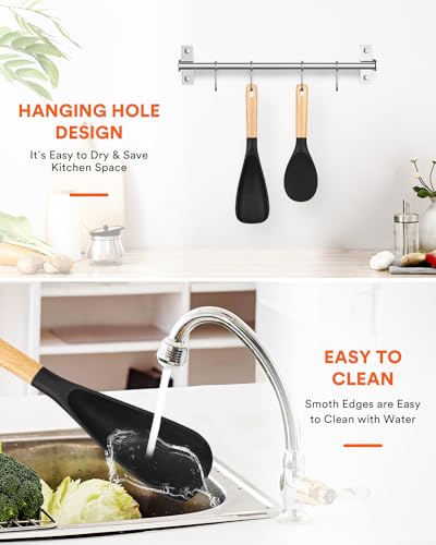 Image of Cooking Spoon And Rice Scooper for Nonstick Cookwares, Great for Cooking and Serving Durable BPA-Free Matte Silicone, Wood Handle Spoon for Mixing, Scoop, and Scrape