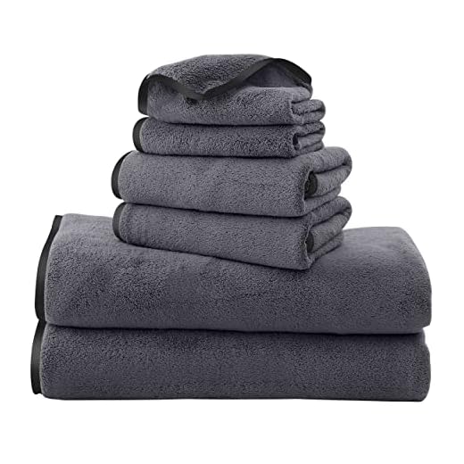 TENSTARS Luxury Silk Hemming Towel Set - Light Thin Quick Drying - 2 Bath Towels 2 Hand Towels 2 Washcloths - Ultra Soft Microfiber Towel for Bath Fitness, Sports, Yoga, Travel (Dark Grey 6 Pieces)
