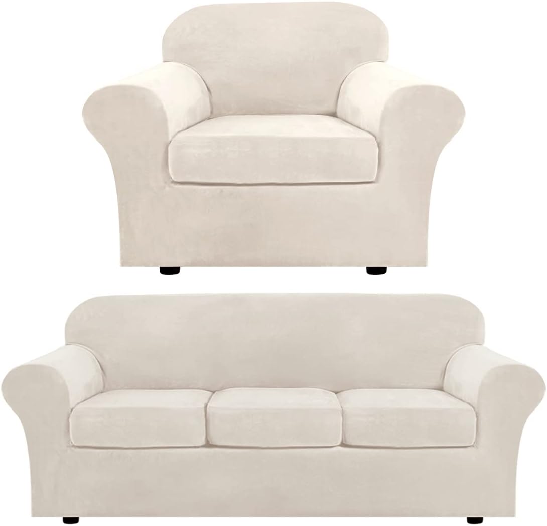 H.VERSAILTEX Velvet Plush Armchair Cover Bundles Sofa Cover for 3 Cushion Couch, Furniture Protector, Ultra Soft, Removable and Washable, Ivory