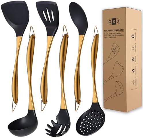 Kitchen Utensils Set, Large Non-stick Silicone Cooking Utensils Set 6 Pcs,Made of 446°F Heat Resistant Food Grade Silicone and Stainless Steel Handles,Easy to Clean Kitchen Gadgets Set (Gold)