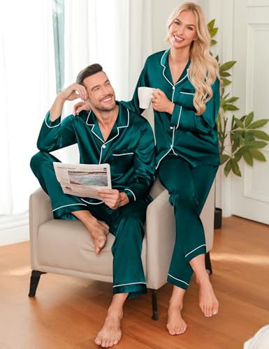 LecGee Couples Matching Pajamas Set Button Down Sleepwear Long Sleeve Loungewear Silky Satin 2 Piece Pjs2