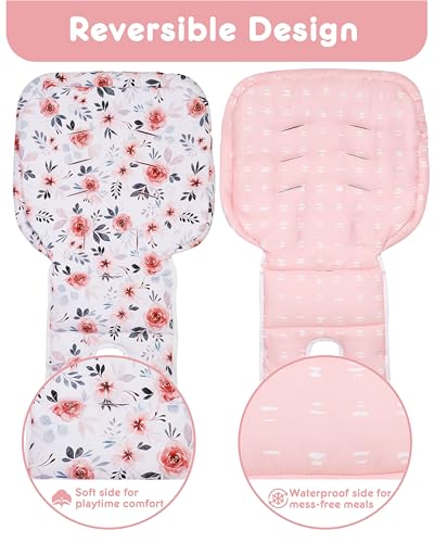 Image of Baby High Chair Cover Replacement, Reversible & Waterproof High Chair Cushion Pad Home & Restaurant use, Includes 5-Point Harness Strap, Chair Not Included - Pink