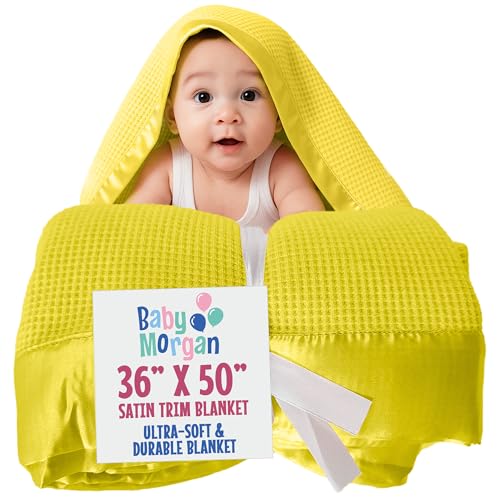 Image of Blankets Thermal Waffle Baby Blanket Crib Bedding - Soft Cozy Warm Infant Thermal Cover for Nursery Stroller or Bassinet, Lightweight Ideal Shower Gift, Satin Trim Yellow 36 inch x 50 inch