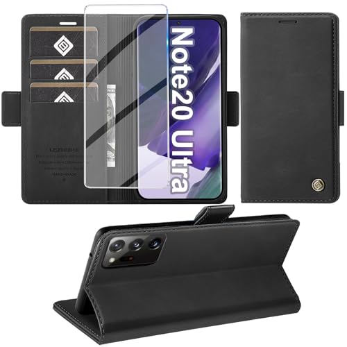 Handyhülle für Samsung Galaxy Note 20 Ultra Hülle mit Schutzfolie, Schutzhülle Note 20 Ultra 5G PU Leder Wallet Flip Hülle Standfunktion Kartenfach Klapphülle für Samsung Note 20 Ultra Cover (Schwarz)