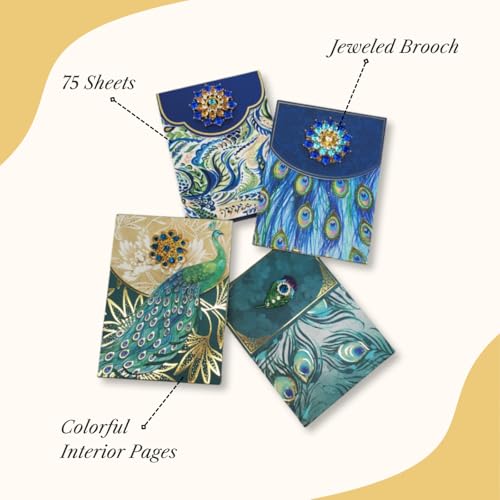Image of Punch Studio Flip-Top Notepad For Daily Notes or Notes on-the-go, with Magnetic Closure, Brooch Embellishment, Gold-Foil Accents & 75 Illustrated Sheets, 5 inch x 3.75 inch - Azure Peacock (59225)