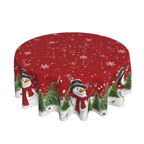 Red White Christmas Tablecloth Round 60 Inch Winter Snowman Green Trees Snowflakes Washable Wrinkle Stain-Resistant Polyester Table Cloth Holiday Decorations For Party Kitchen Dinning Outdoor Indoor