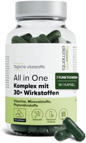 All In One Komplex mit +30 Wirkstoffen - 7 Funktionen in 1 Kapsel - Energie | Laborgetestet - Multivitamine Mineralien & Pflanzen - Immunsystem Stress & Verdauung - 2-Monats-Kur -