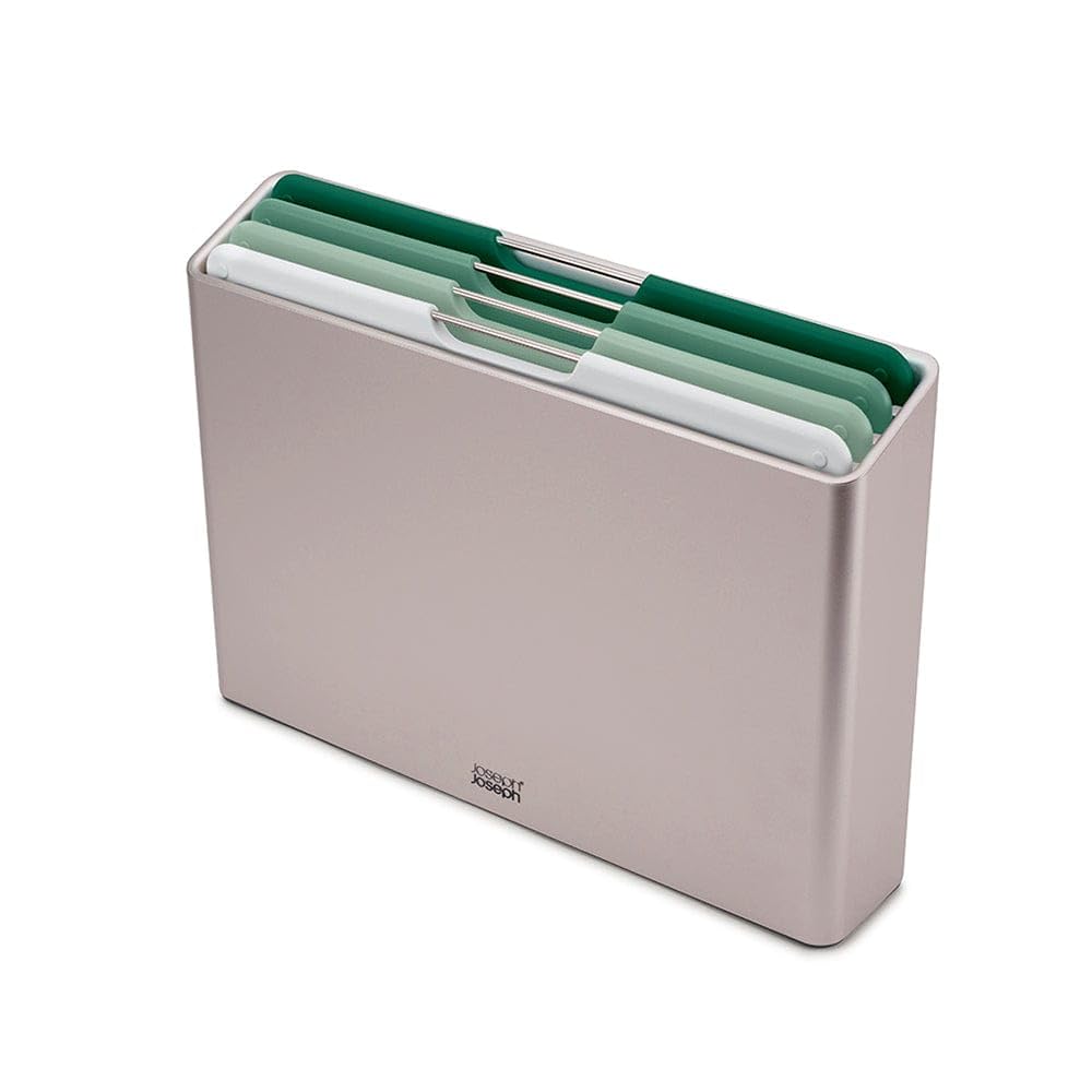 Joseph Joseph Folio - Set di 4 pezzi, Taglieri da cucina in plastica, con custodia porta taglieri- Grande, Argentato/Verde sfumato