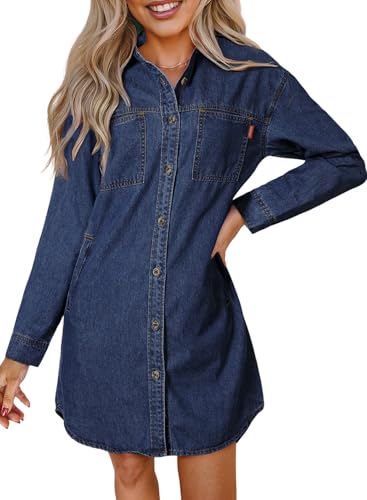Sidefeel Women's Collared Denim Dress Casual Long Sleeve Button Down Jean Shirt Dresses with Pockets
