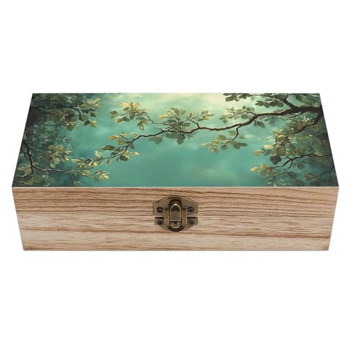 HSZHSZ Leafy Trees Wooden Storage Box with Hinged Lid Vintage Gift Box Natural Wood Keepsake Decorative Box Rustic Jewelry Box 7.9" L*3.9" W*2.3" H