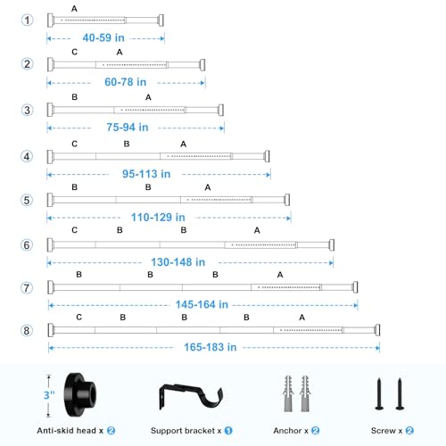 Image of Tension Curtain Rod Black Tension Rod 40 to 183 Inch Spring Curtain Rods Non Slip Tension Rods 1pcs For Windows No Drilling Adjustable Tension Rods of Curtains Window Closet Kitchen Wardrobe