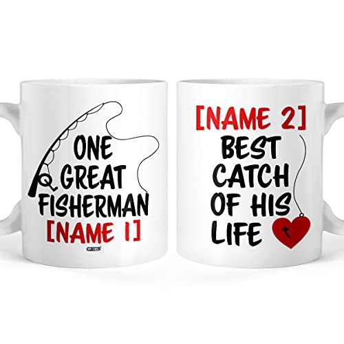 CUBICER Personalized White Ceramic Coffee Mug Mugs Fishing Mug For Men Dad Papa Father Friends Fisherman Holiday Presents Custom Name Personal Text Large Tea Cups Novelty Wine Glass 11 and 15 oz