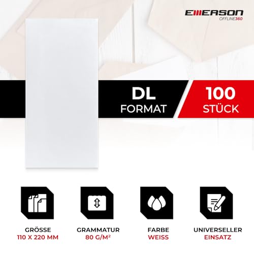 Emerson Briefümschlage DIN lang (100 Stück) Selbstklebender Briefumschlag ohne Fenster, weiße 110 x 220 mm, 80g/m², Geschäftsumschläge
