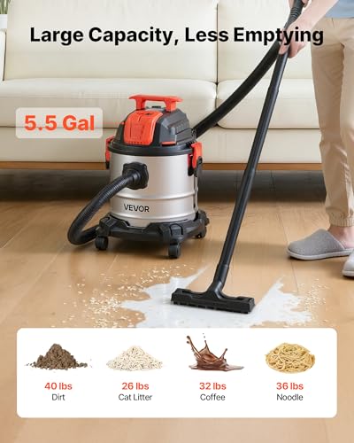Image of VEVOR Shop Vac, 5.8 Gallon Wet Dry Shop Vacuum, 4 Peak HP with One-Button Self-Cleaning, Dual-Filter, 900W Input Power, 1.25in x 7ft Hose, 9.8ft Cord, Metal Tank for Jobsite, Workshop, Garage, Home