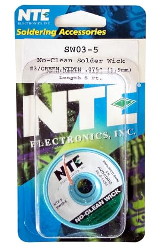 Image of NTE Electronics SW03-5 No-Clean Solder Wick with Anti-Static Bobbin, #3 Green, .075 inch Width, 5' Length
