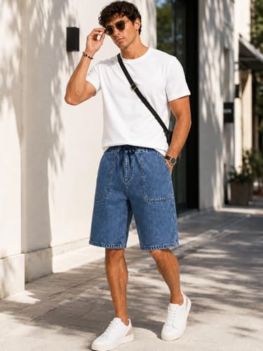 Image of GRECIILOOKS Denim Shorts for Men Stylish | Casual Knee Length Washed Jorts | Regular Fit Jeans Half Pant for Men with Distressed Design | Bermuda Mens Shorts for Summer Travel Streetwear