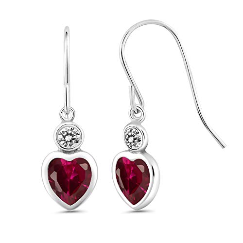 Gem Stone King 2.12 Ct Heart Shape Red Created Ruby White Diamond 925 Sterling Silver Earrings
