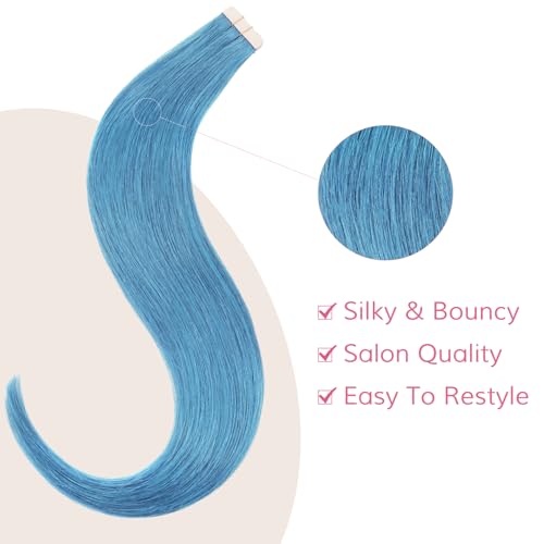 Image of WENNALIFE Tape in Hair Extensions Human Hair SkyBlue Tape in Extensions, 10pcs 25g 14 inch Remy Invisible Tape Ins Straight Colored Soft Real Human Hair Tape in Extensions Refill Set Extensions