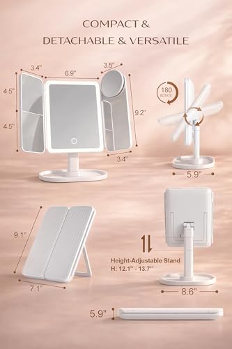 Lighted Makeup Vanity Mirror, Height Adjustable Trifold Mirror with Seamless Light Strip, 1X/2X/3X/10X Magnification, 2000mAh Rechargeable Desk Mirror, Dimmable 3 Color Lighting, Gifts for Mom Women