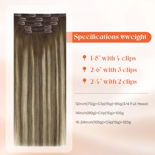 Image of Sunny Hair Clip in Hair Extensions Real Human Hair Brown Balayage 12 Inch | Short Hair Clip in Extensions, Balayage Olive Brown Roots to Blonde Highlights, Easy to Wear, Quick Daily Styling 85g