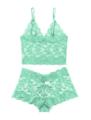 Image of Lilosy Sexy Sheer Floral Lace Pajamas Lingerie Set High Waist Sleepwear Bra and Panty 2 Piece Nightwear