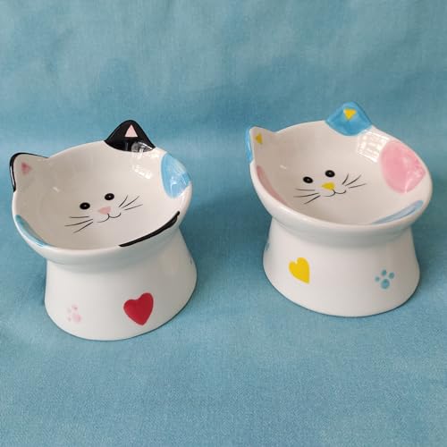 Tigelas elevadas de cerâmica fofas para gatos, design elevado, alimentador inclinado de 15°. Protege