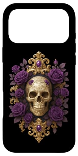 Idea regalo originale per donna, compleanno, Natale o festa della mamma, teschio gotico con rose viola, design rock e alternativo, stilizzato e dark, per appassionati di stile biker, punk, gotico, tendenze, stile tatuaggio.