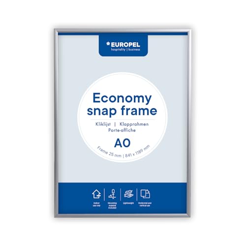Europel Economy Klapprahmen, A4,Farbe Silber, Aluminium Profil 25x11 mm, Maße 241x328 mm, für Poster 21x29,7 cm, Posterhalter, Hotel, Büro, Restaurant, Speisekarten, Werbung, Botschaft