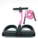 Fitness Pedal Exerciser Sit-up 2 Tubes Foot Pedal Tummy Abs Trainer Elastic Pull Tension Rope Puller Home Gym Waist Arm Yoga - Come With a Free Matching Skipping Jumping Rope (Pink)