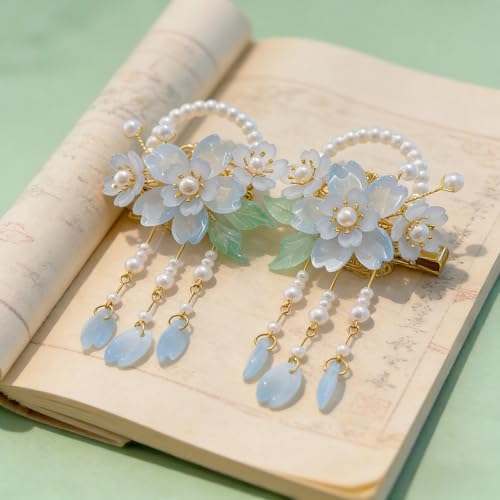 2 pinzas de pelo vintage azul con flor y perlas miniatura 2