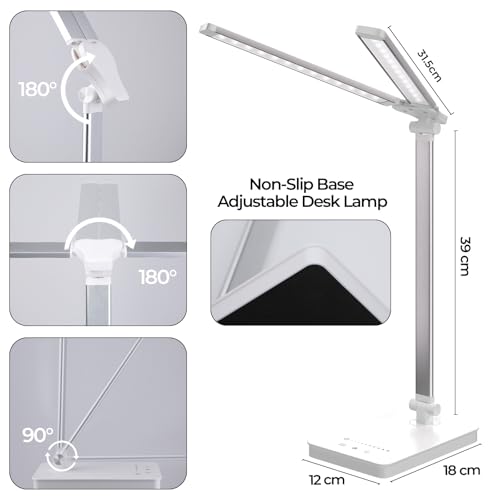 JVURICE Schreibtischlampe LED 15W Dimmbar mit Augenschutz, 5 Farben und 10 Helligkeitsstufen, mit Adapter Ladefunktion Timer-Funktion, Memory Lesemodus Tischlampe für Kinder Schlafzimmer Büro (Weiß)