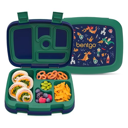 Image of Bentgo Kids Prints Leak-Proof, 5-Compartment Bento-Style Kids Lunch Box - Ideal Portion Sizes for Ages 3-7, Durable, Drop-Proof, Dishwasher Safe, PFAS- & BPA-Free Materials (NEW Dragons & Knights)