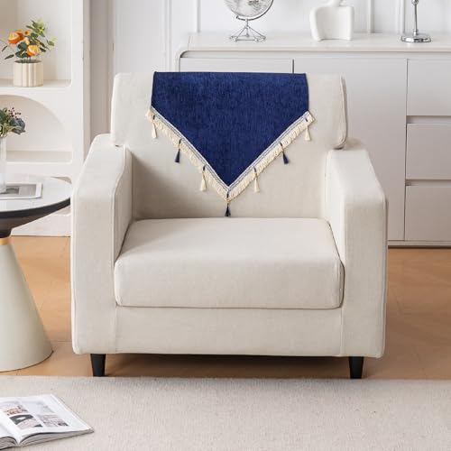 Image of HOKIPO 'Serenity Tassel' Chenille Sofa Back Cover with Tassels - 1 Pc Sapphire Navy (IN-894-NBL)