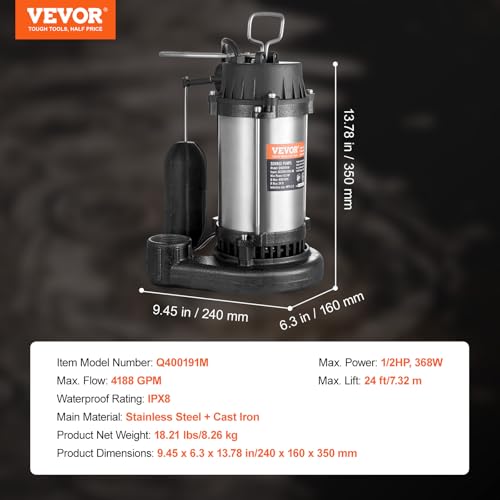 VEVOR Submersible Sump Pump, 0.5HP 4188GPH, 24 ft Lift Cast Iron Sewage Water Pump with 10 ft Power Cord and Automatic Float Switch, Stainless Steel for Clean Flooded Basement Yard Farm Sewer
