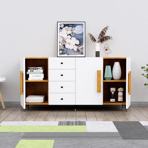 Image of Bniture Wooden Sideboard Cabinet for Living Room | Wooden Storage Cabinet with 3 Door & 4 Drawers | Engineered Wood Multipurpose Cabinet with Spacious Shelves for Home | Giant Wood & Frosty White