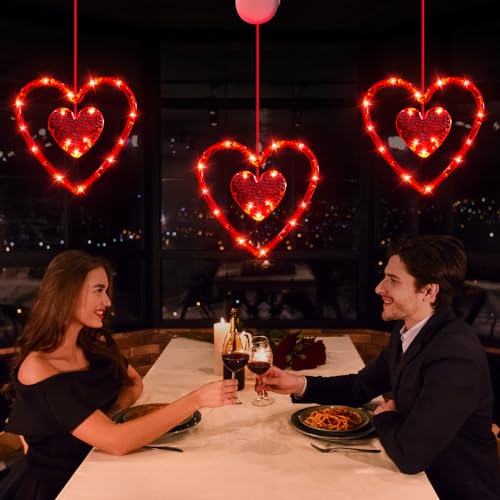 Lumière fenêtre Saint-Valentin : 3 cœurs rouges à piles
