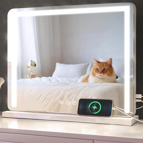baklon Espejo de Maquillaje con iluminación, Espejo de Hollywood con luz LED, Regulable, Espejo de Maquillaje, 3 Modos, 58 x 43 cm, Espejo de Mesa con USB 10 aumentos, para Dormitorio y tocador