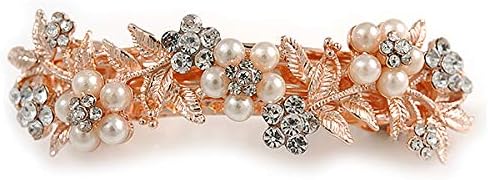 Bridal Wedding Prom Rose Gold Tone Simulated Pearl Diamante Floral Barrette Hair Clip Grip - 80mm Across, white / ivory, gold - Image 5