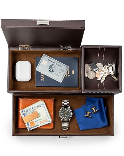 HOUNDSBAY Valet Tray and Nightstand Organizer - Hand Crafted EDC Tray with Phone Area, Cable Cutaway, Drawer – Durable, Scratch Resistant Materials - Compact Footprint with Ample Storage - Valet Box