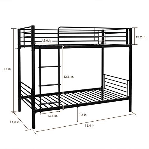 Bonnlo Metal Bunk Bed Twin Over Twin Bed Frame with Safety Guard Rails & Flat Ladder for Kids Teens, Black